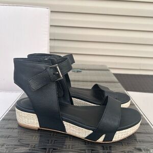 Eileen Fisher Black Leather Ankle Strap Zipper Buckle Espadrille Flatform Sandal